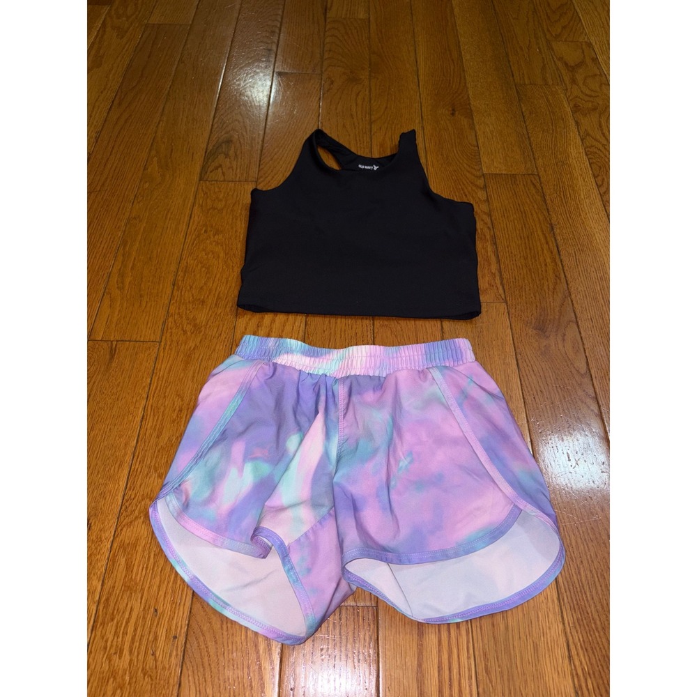 Old Navy All in Motion Girls Activewear Set Black Crop Top Tie Dye Shorts M L